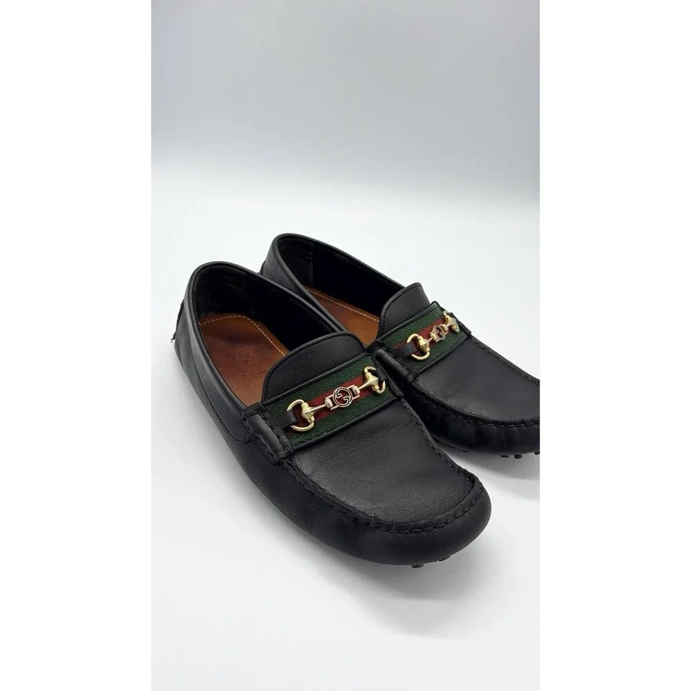 GUCCI Driver Men's Black Leather Horsebit With Web Loafers New UK 7 US 7.5